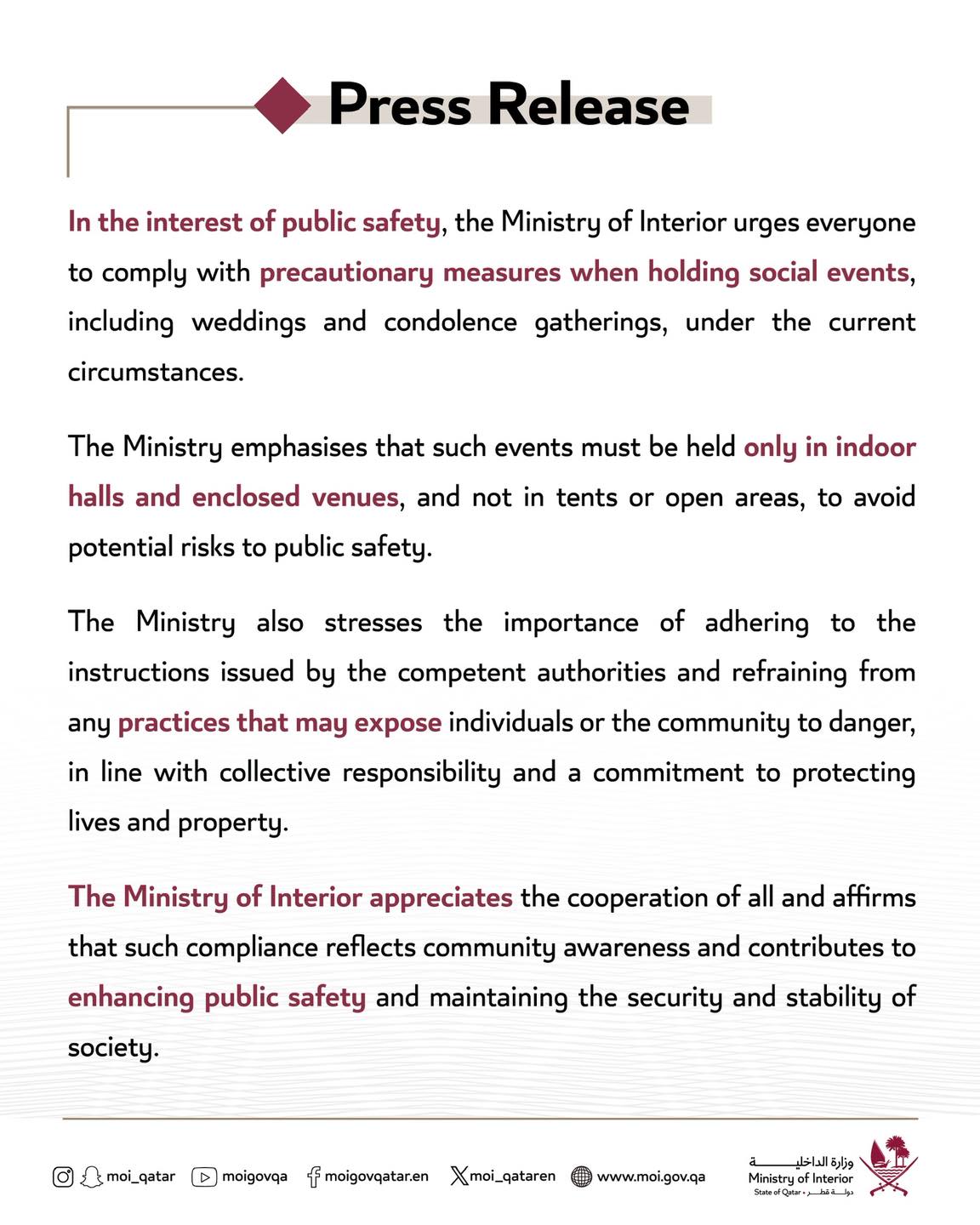 Qatar MOI Issues New Safety Rules for Social Events